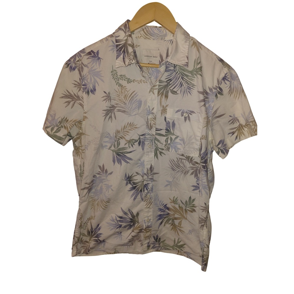 American Eagle Mens Flex Tropical Palm Leaf Button Down Shirt White Blue Medium